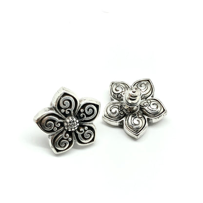 Silver Earrings | Womens Full Coverage Silver Pinwheel Style Flower Earbobs 