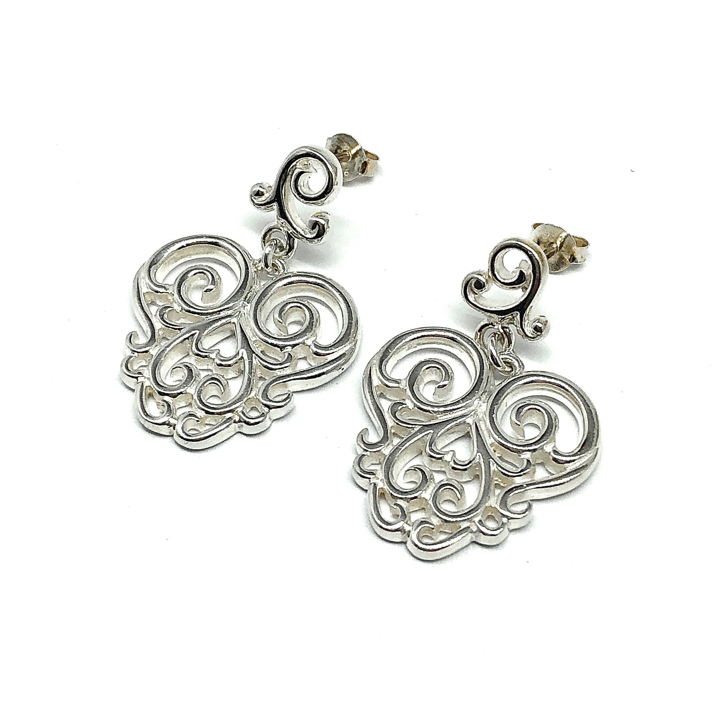 Estate Jewelry | Womens Dangle Earrings Sterling Silver Lacy Heart Design in Filigree