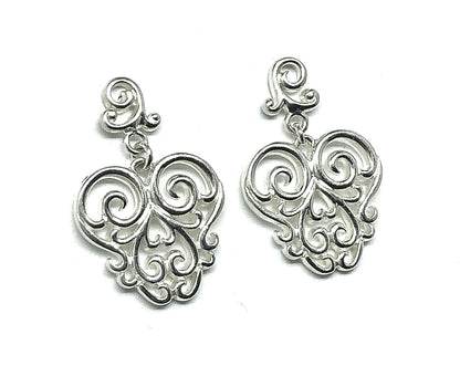 Buy Estate Jewelry & Save | Sterling Silver Lacy Filigree Heart Design Dangle Earrings