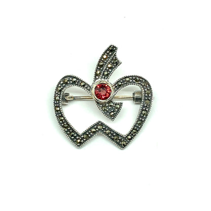 Sterling Silver Brooch, Mens Womens Apple Design, Red Garnet Marcasite Stone Brooch / Lapel Pin