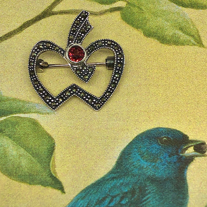 Brooches, Lapel Pins | Genuine Sterling Silver Garnet Apple Brooch / Lapel Pin | Vintage Jewelry