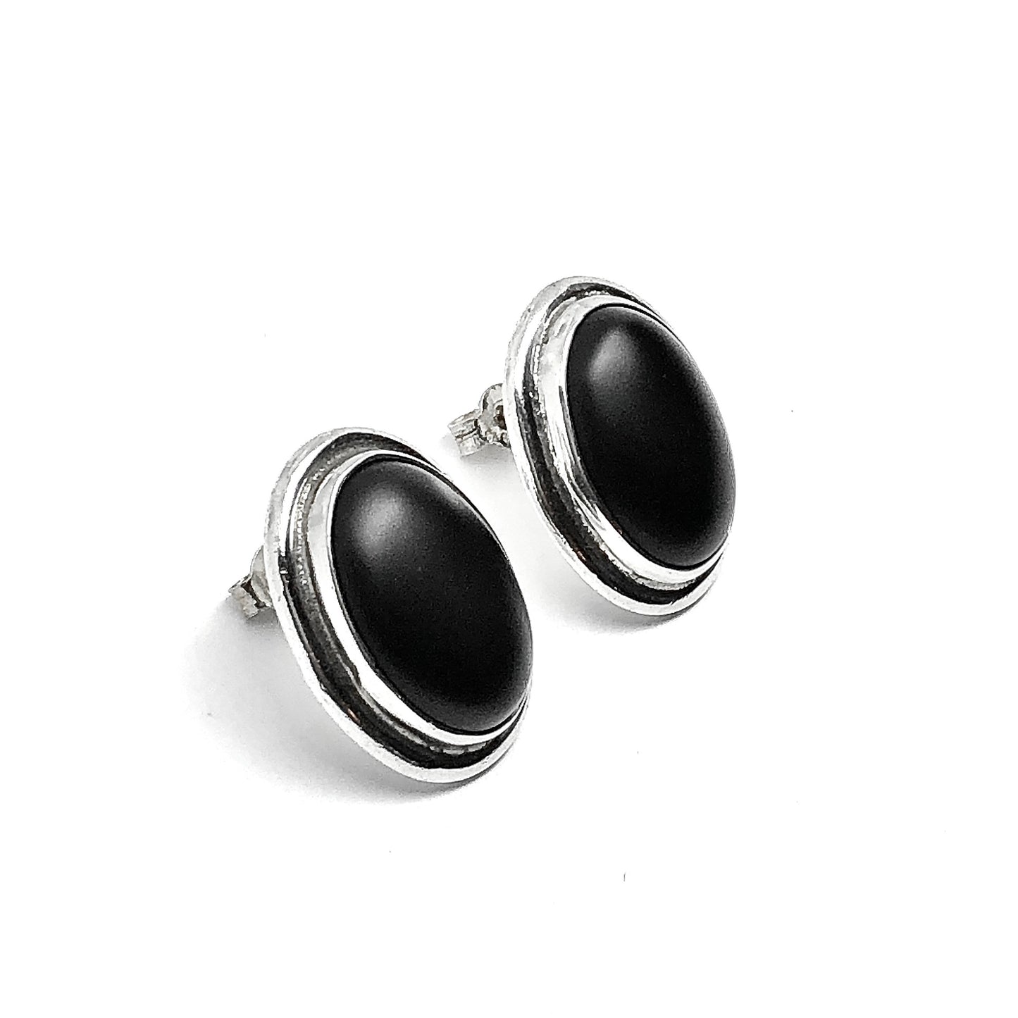 Vintage Sterling Silver Black Stone Oval Earrings - Blingschlingers Jewelry USA
