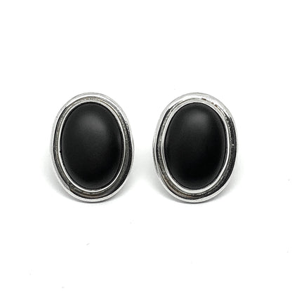 Vintage Sterling Silver Black Stone Oval Earrings