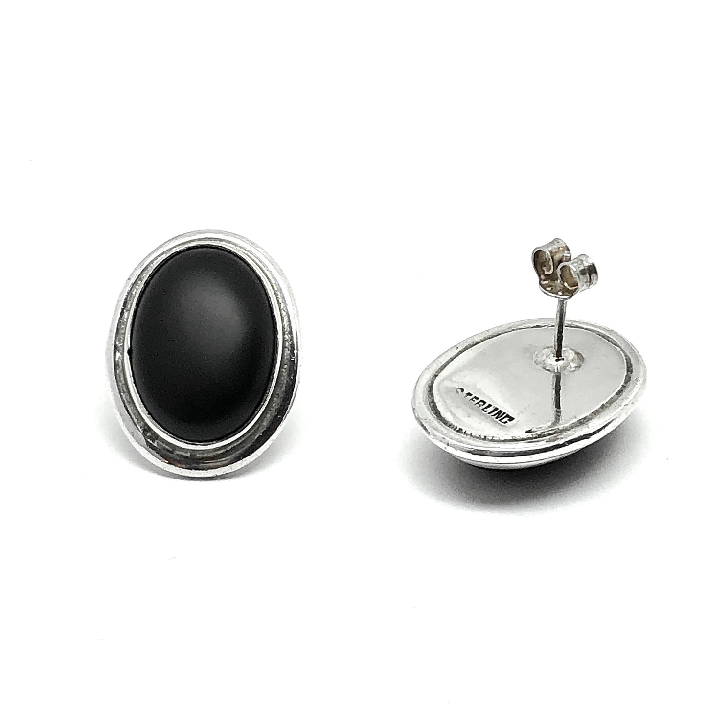 Vintage Sterling Silver Black Stone Oval Earrings