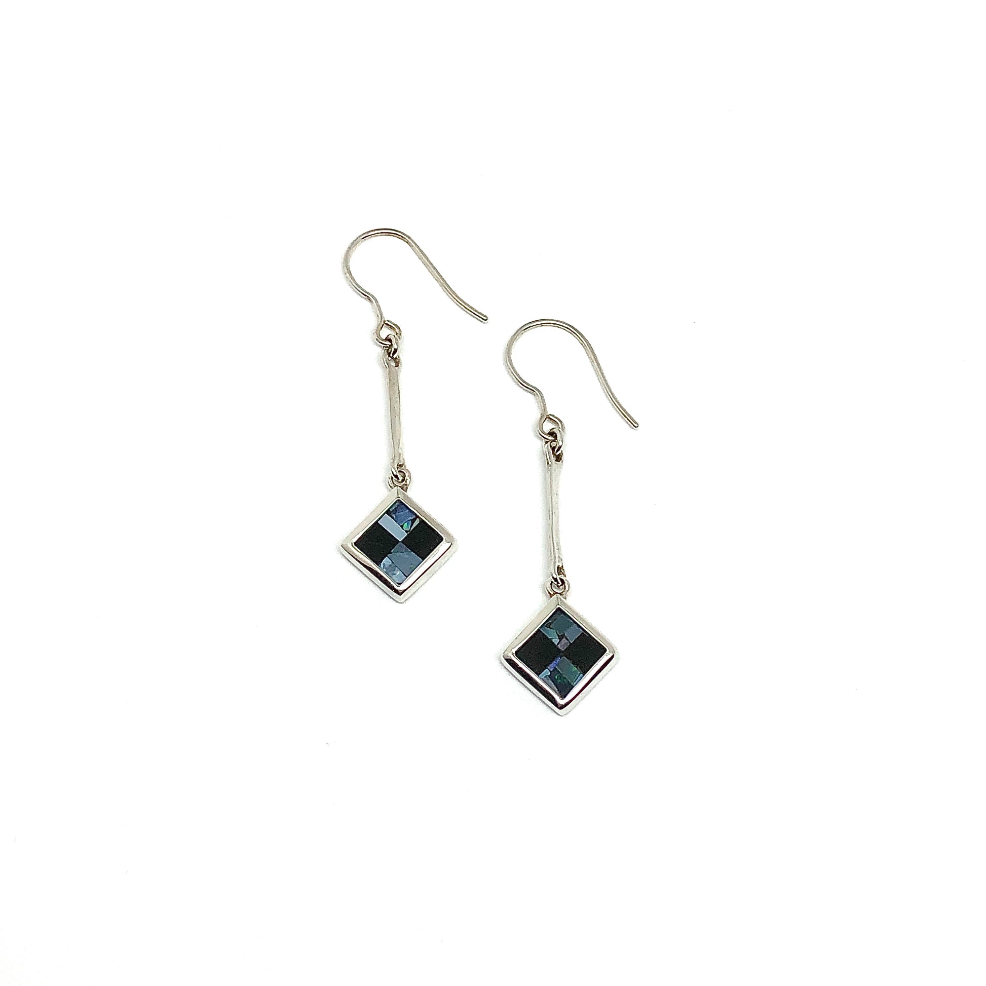 Sterling Silver Onyx & Opal Stone Bar Drop Dangle Earrings