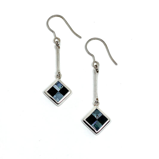 Sterling Silver Checkerboard Onyx & Opal Bar Drop Earrings