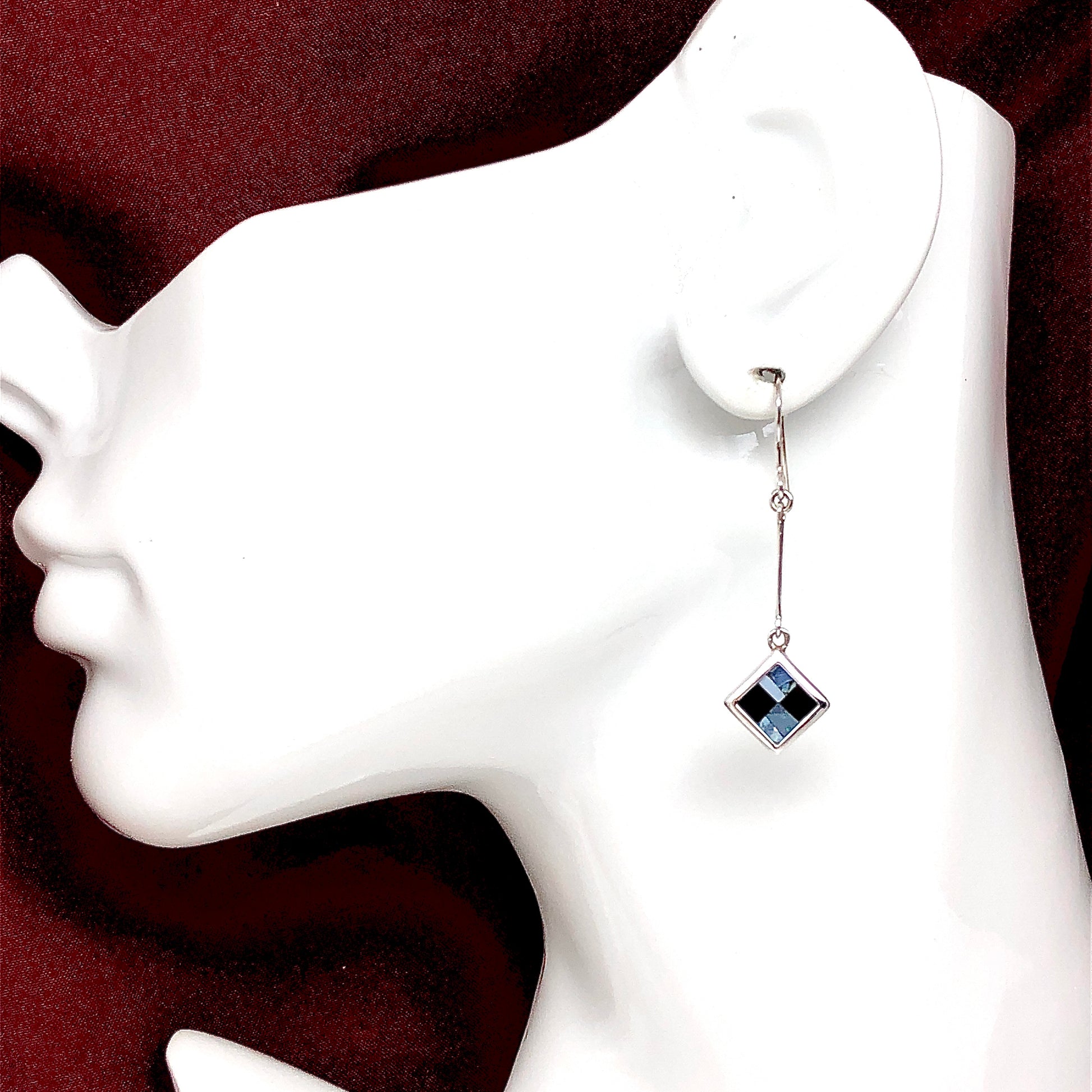 Sterling Silver Onyx & Opal Stone Bar Drop Dangle Earrings