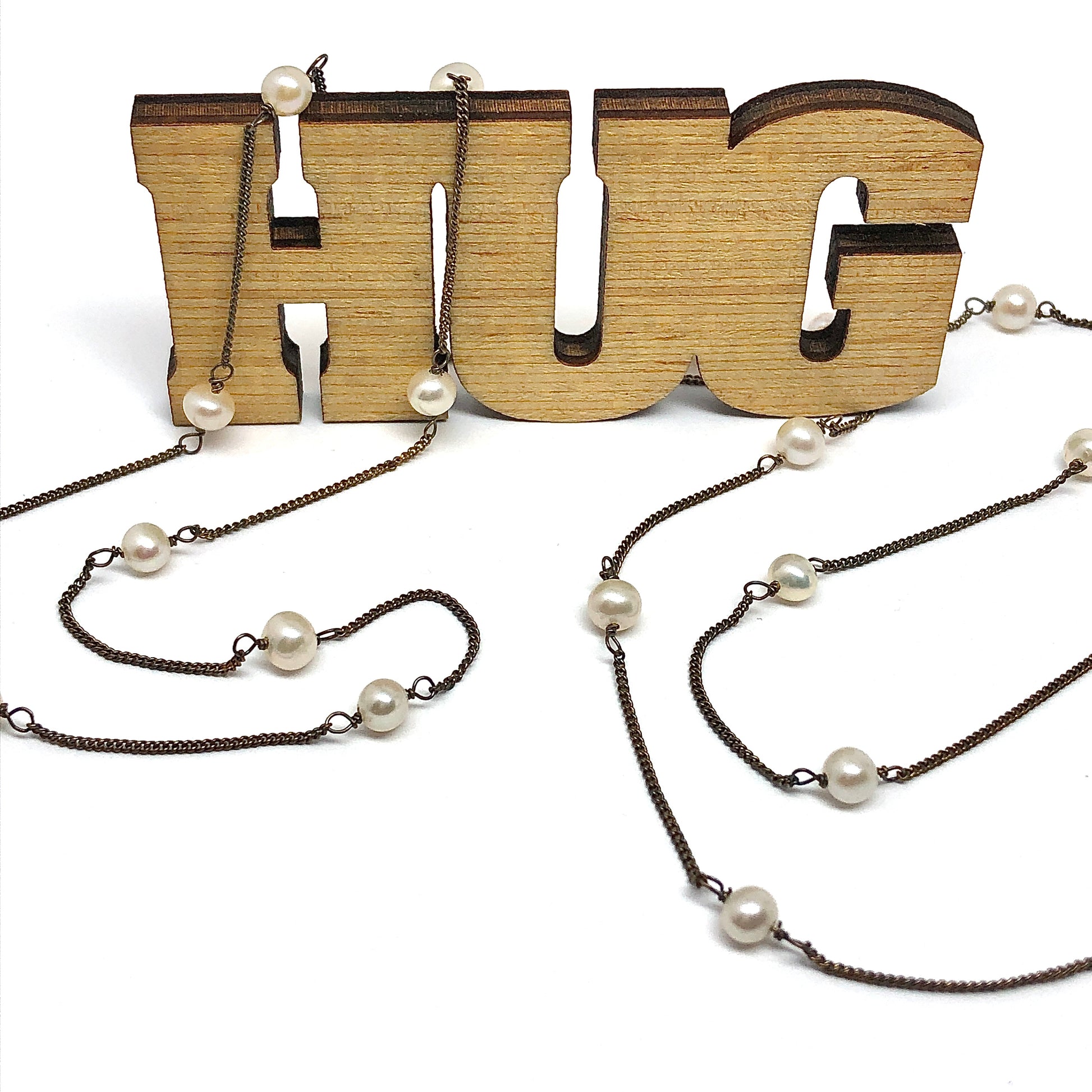 Boho Style 32" Oxidized Antiqued Gold Sterling Silver Rustic Pearl Station Necklace