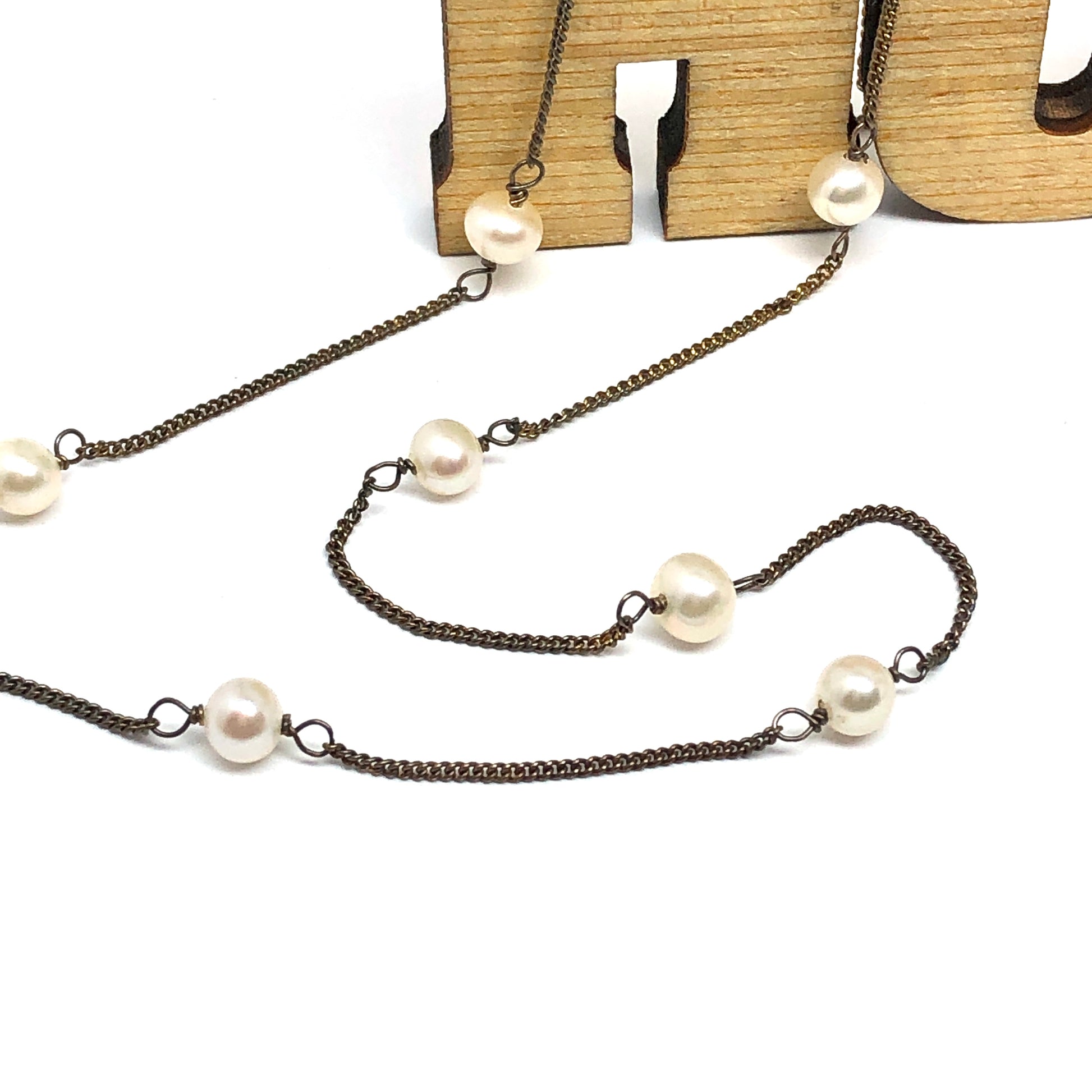 32" Oxidized Antiqued Gold Sterling Silver Rustic Pearl Station Necklace | Discount Overstock Jewelry