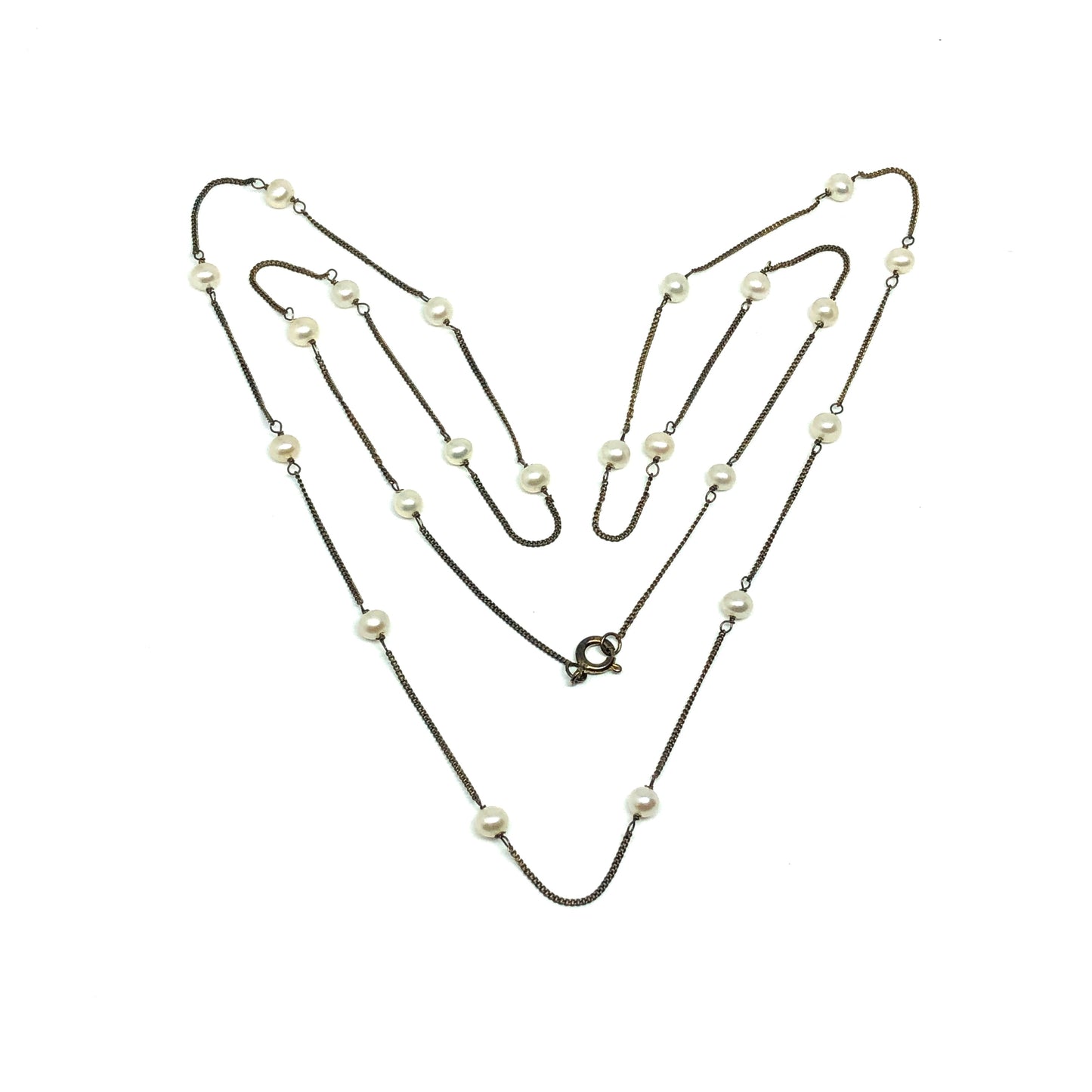 32" Oxidized Antiqued Gold Sterling Silver Rustic Pearl Necklace