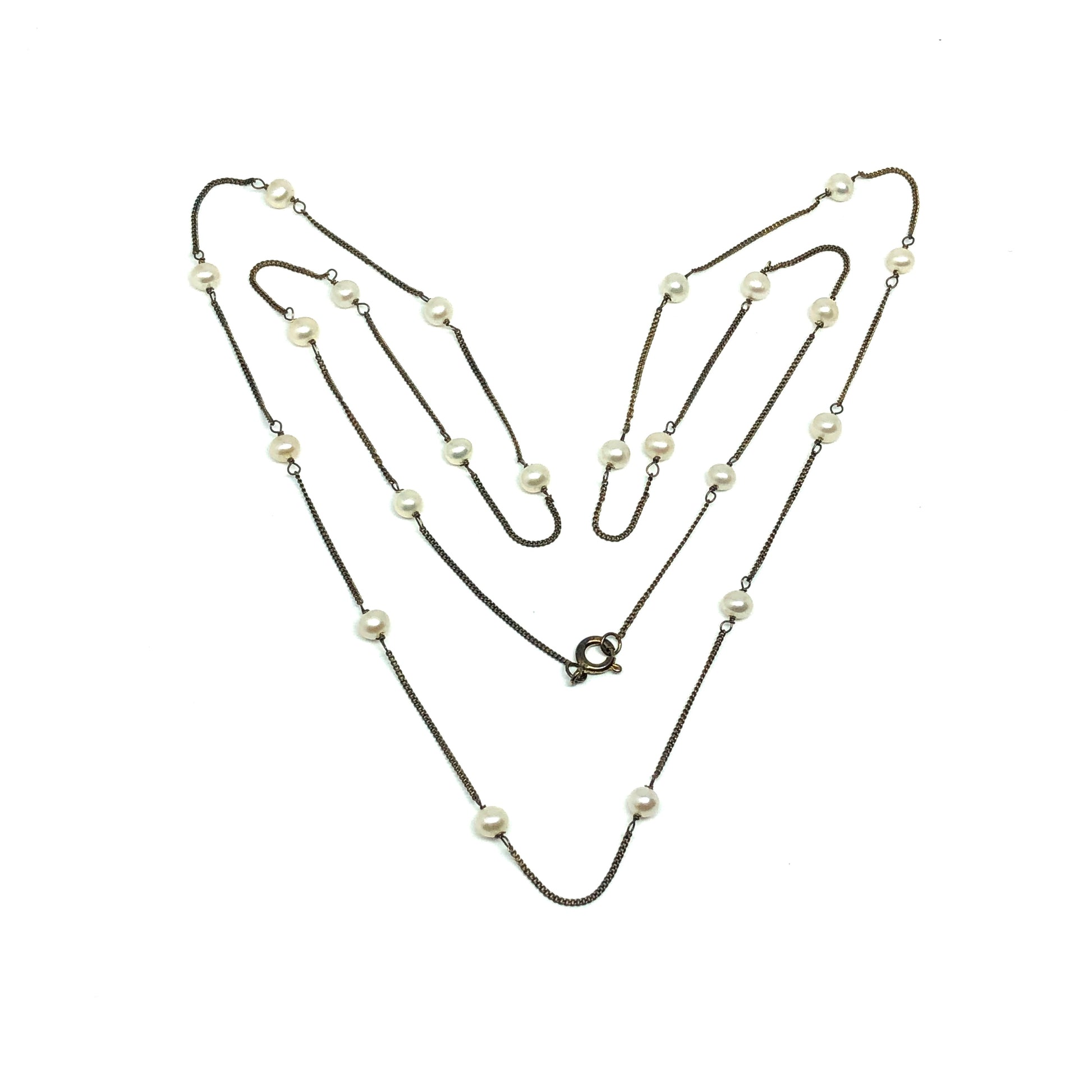 32" Oxidized Antiqued Gold Sterling Silver Rustic Pearl Necklace