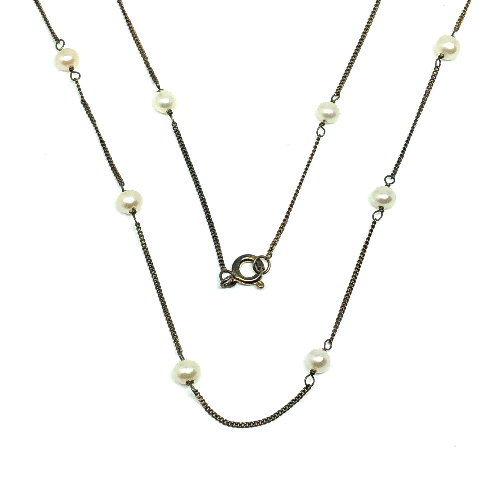 32" Oxidized Antiqued Gold Sterling Silver Rustic Pearl Station Necklace Womens
