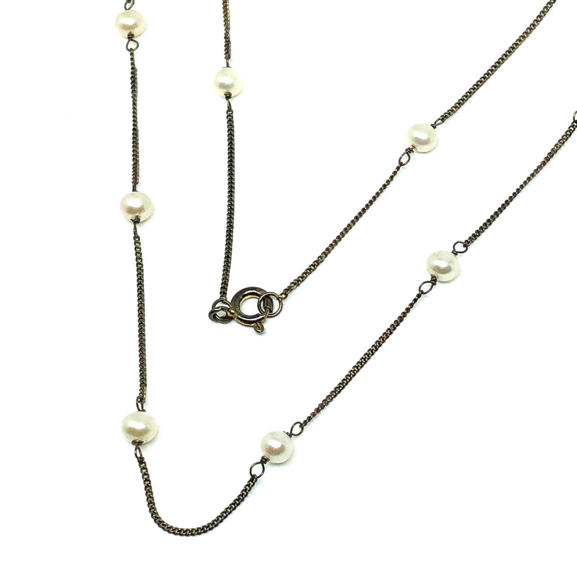 Shabby Chic Style 32" Oxidized Antiqued Gold Sterling Silver Rustic Pearl Station Necklace