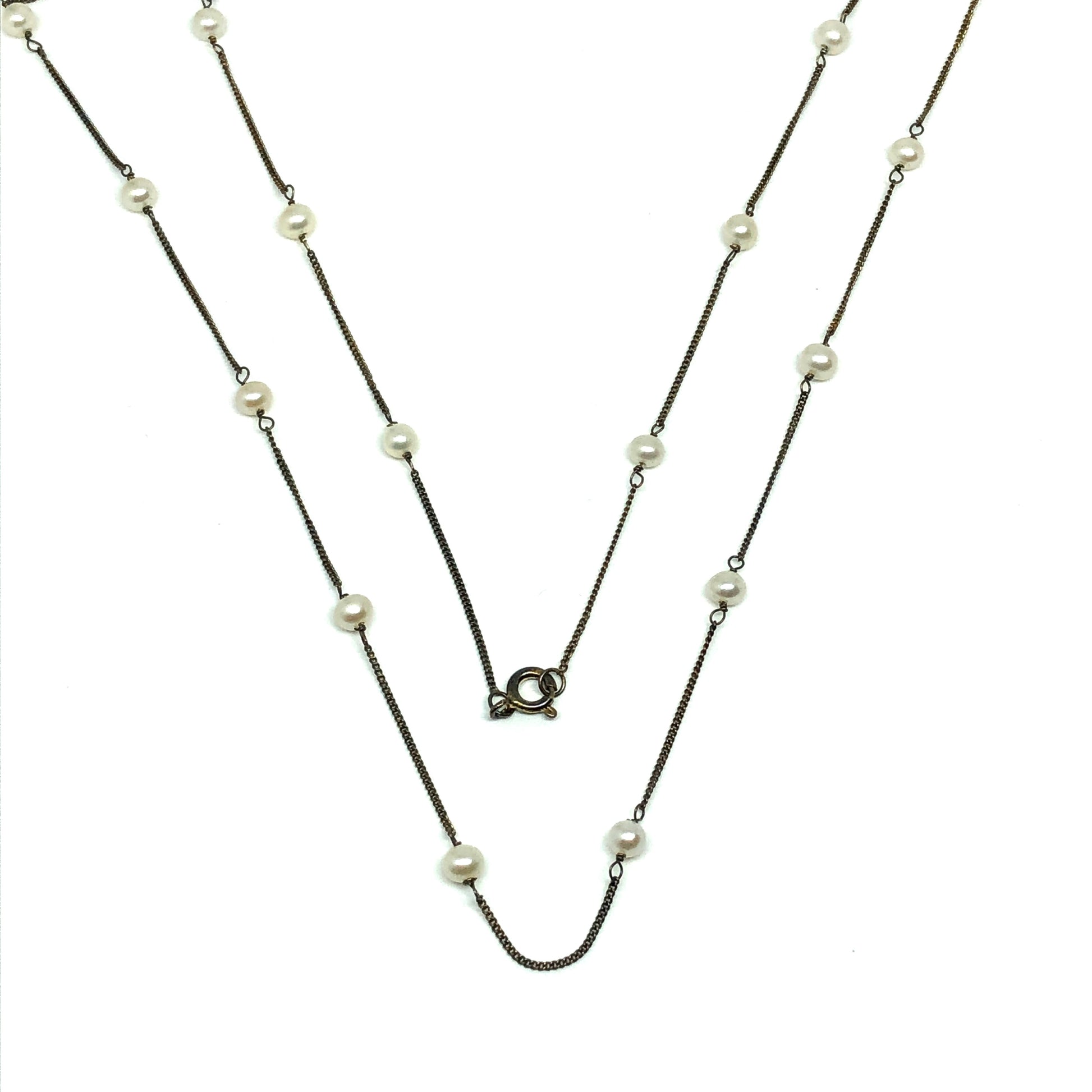 32" Oxidized Antiqued Gold Sterling Silver Rustic Pearl Station Necklace