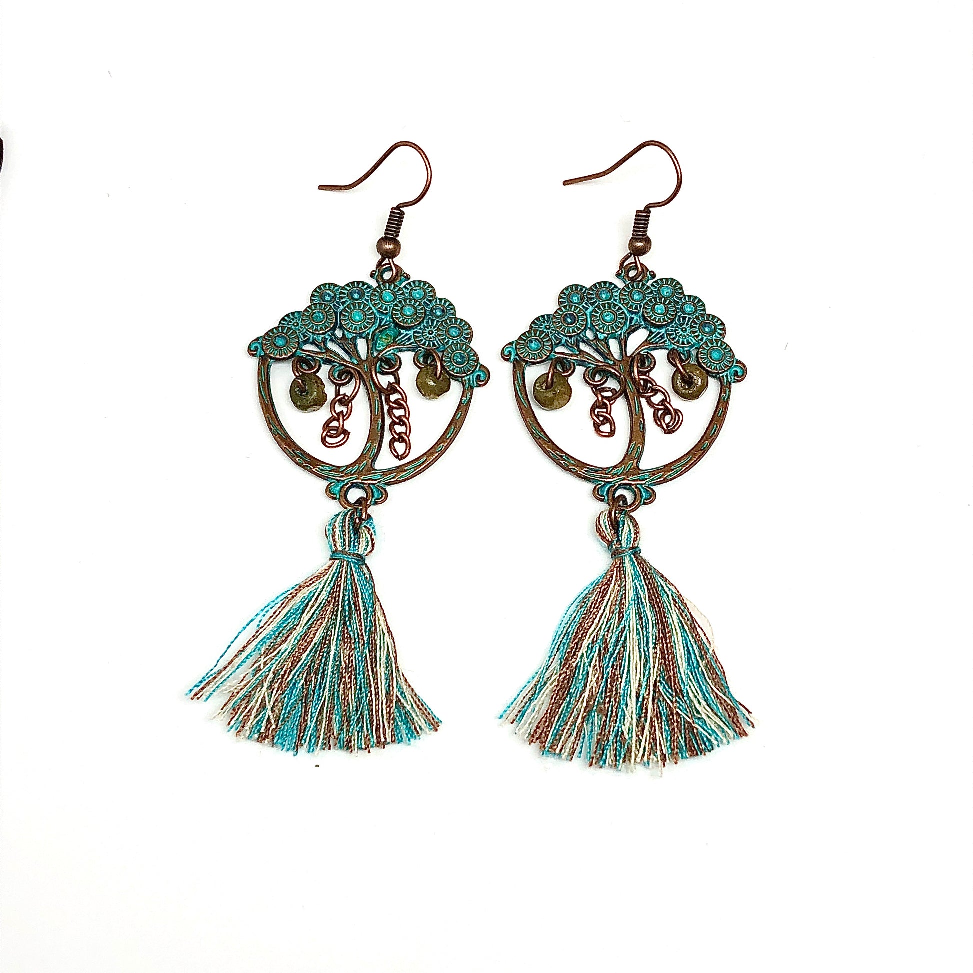 3in Long Tassel Earrings Ethnic Japanese Bonsai Tree in Rustic Copper Turquoise | New Boho Style