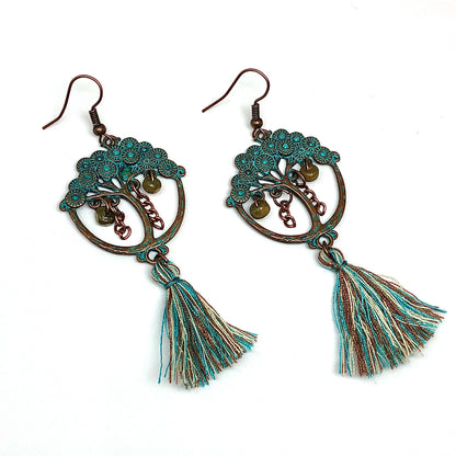 Tassel Earrings Ethnic Japanese Bonsai Tree in Rustic Copper Turquoise | New Boho Style
