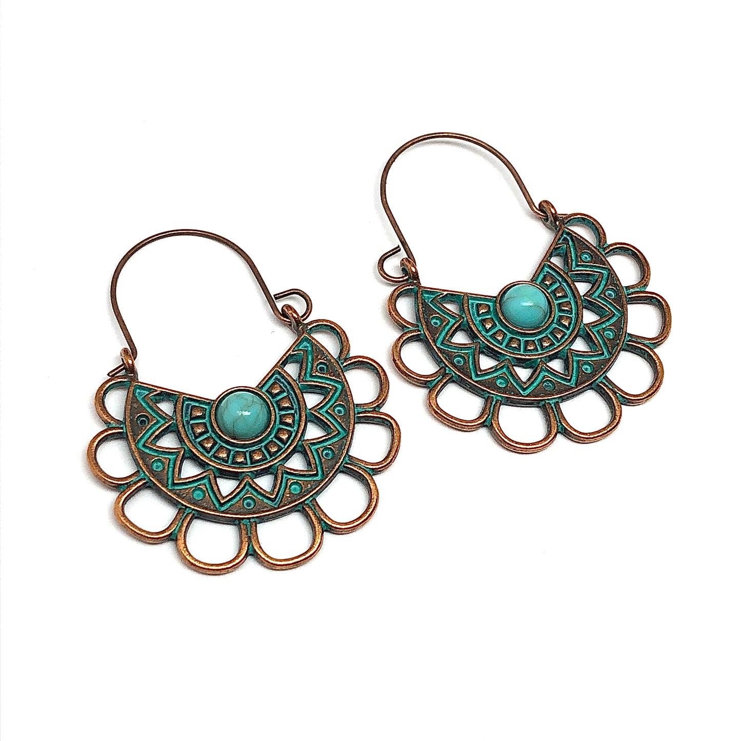 Hoop Earrings Scalloped Side Profile in Rustic Copper Turquoise Verdigris | Southwestern Jewelry