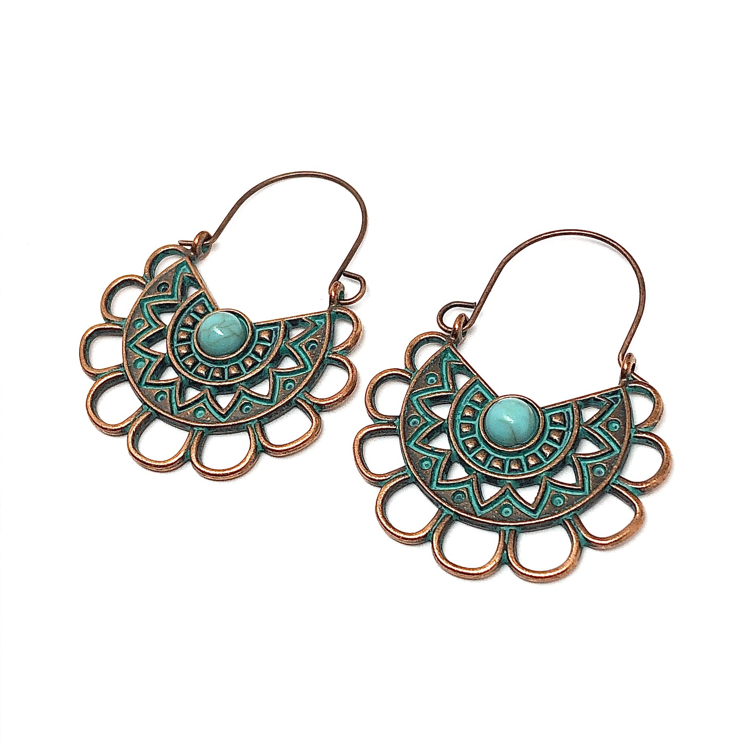 Hoop Earrings Scalloped Side Profile in Rustic Copper Turquoise Verdigris | Shop Jewelry - USA Local Small Business
