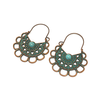 Hoop Earrings Scalloped Side Profile in Rustic Copper Turquoise Verdigris | Boho Style for Women