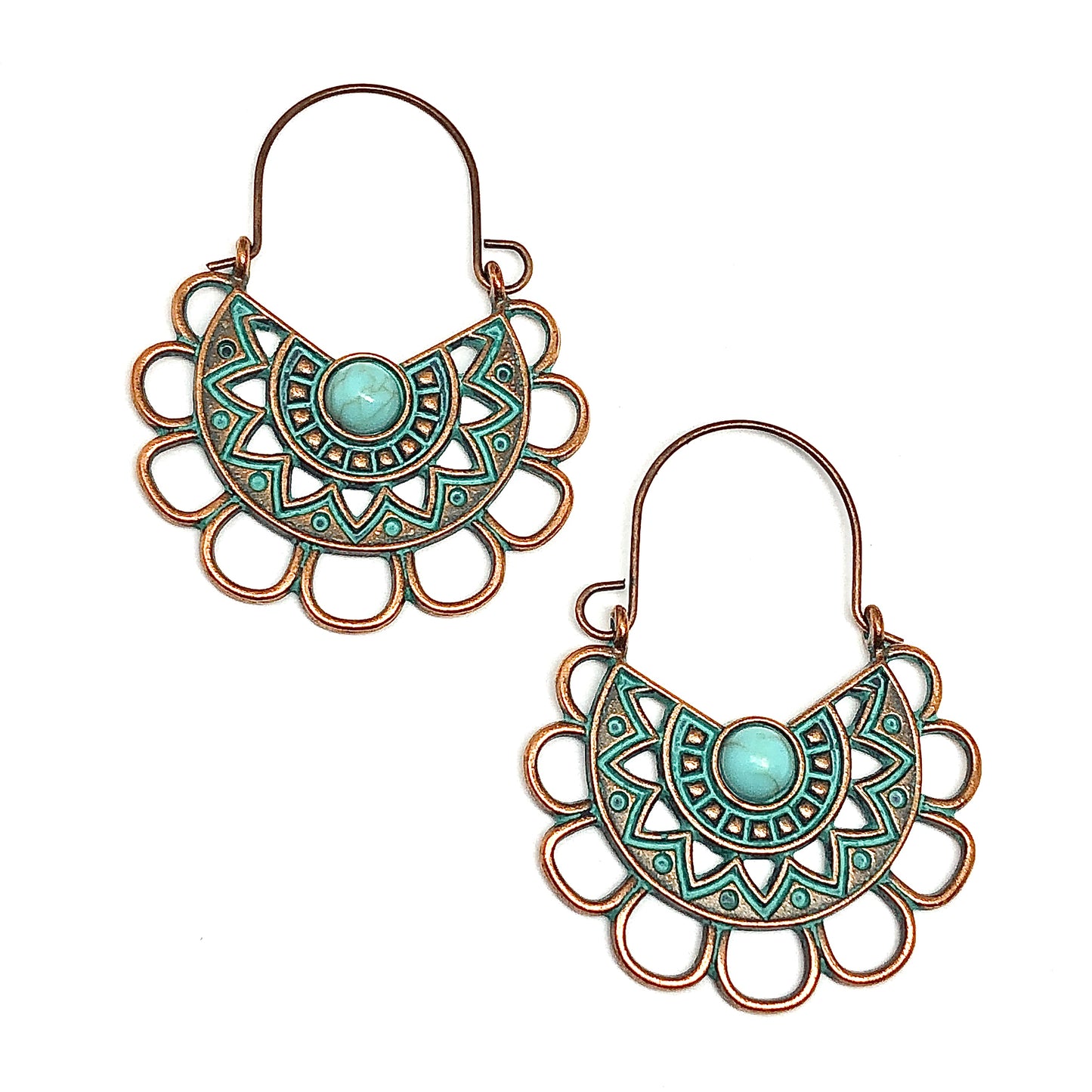Hoop Earrings Scalloped Side Profile in Rustic Copper Turquoise Verdigris | USA Local Small Business