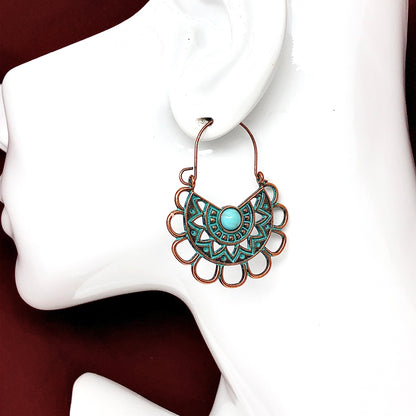Hoop Earrings Scalloped Side Profile in Rustic Copper Turquoise Verdigris | Aztec Jewelry