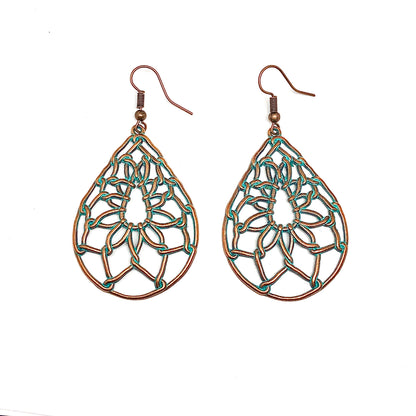 Big Drop Earrings Womens Vintage Lotus in Turquoise Verdigris | Rustic Style Jewelry
