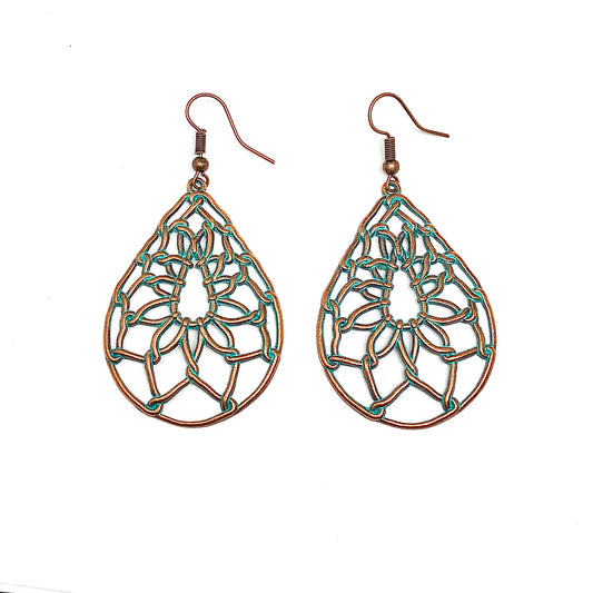 Big Drop Earrings Womens Vintage Lotus in Turquoise Verdigris | Rustic Style Jewelry