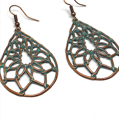 Big Drop Earrings Womens Vintage Lotus in Turquoise Verdigris | Rustic Chic Style Jewelry
