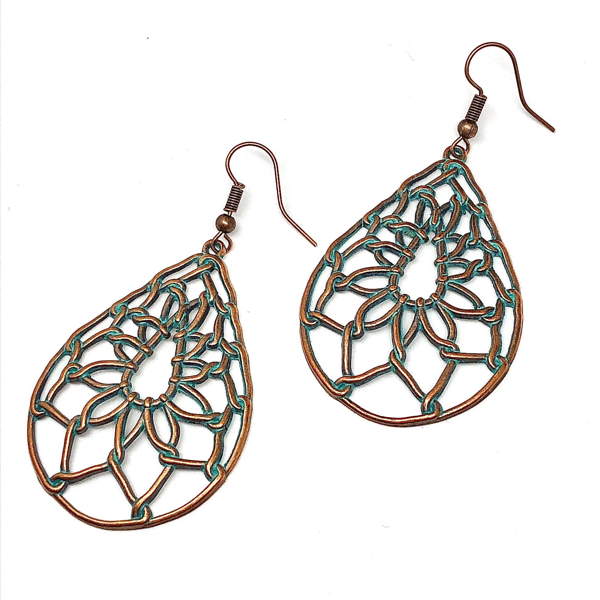 Big Drop Earrings Womens Vintage Lotus in Turquoise Verdigris | Boho Style Jewelry