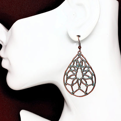 Big Drop Earrings Womens Vintage Lotus in Turquoise Verdigris | Rustic Style Jewelry