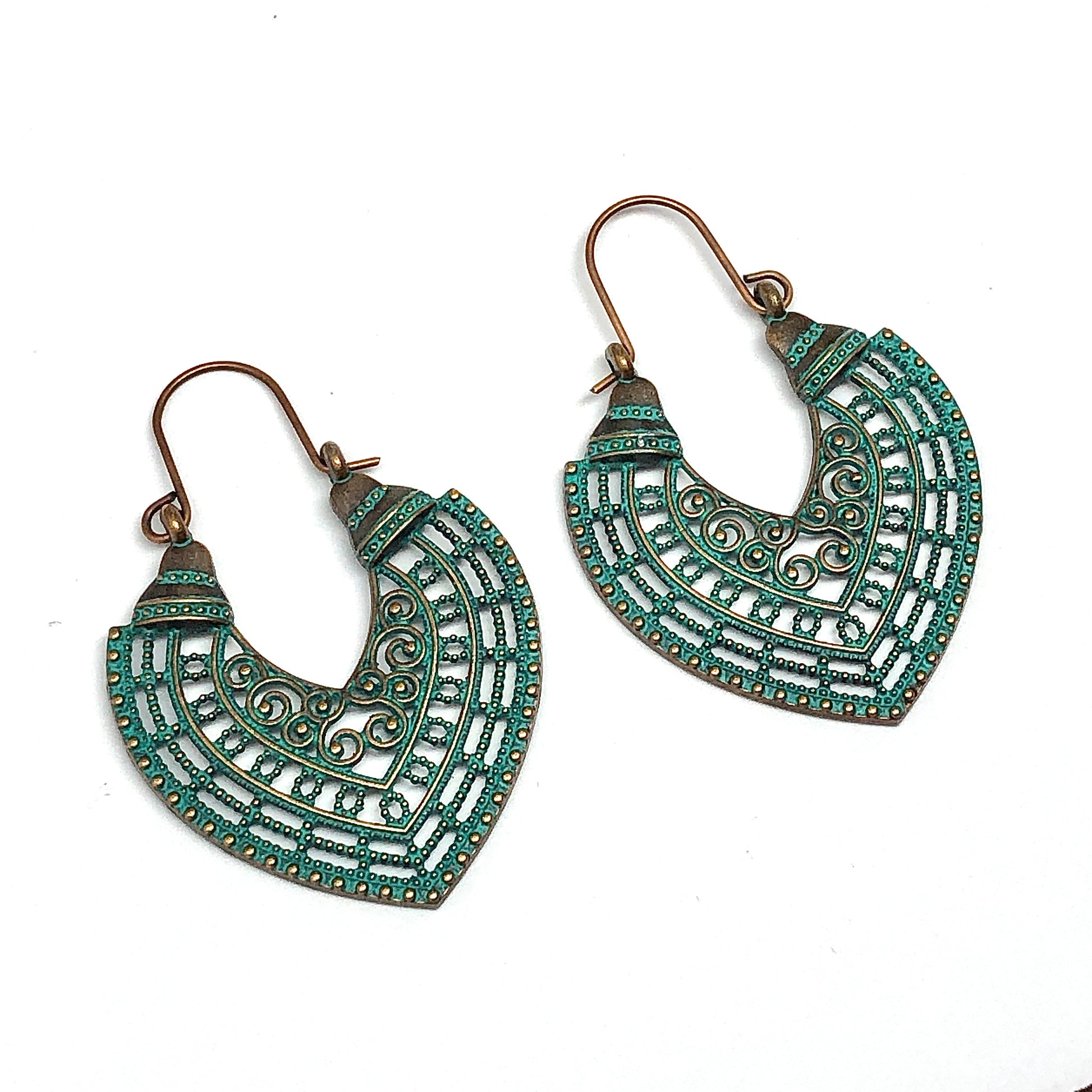 Hoop Earrings Womens Side Profile Chevron Design Turquoise Verdigris | Boho Style