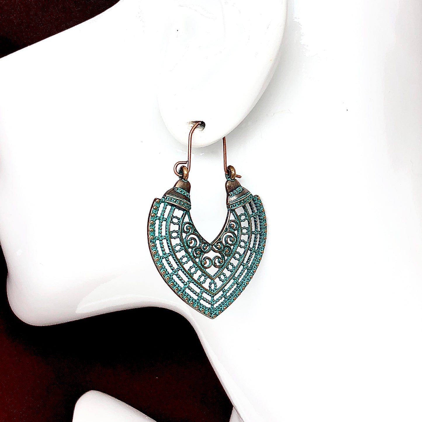 Boho Style Side Profile Chevron Hoop Earrings in Vintage Verdigris