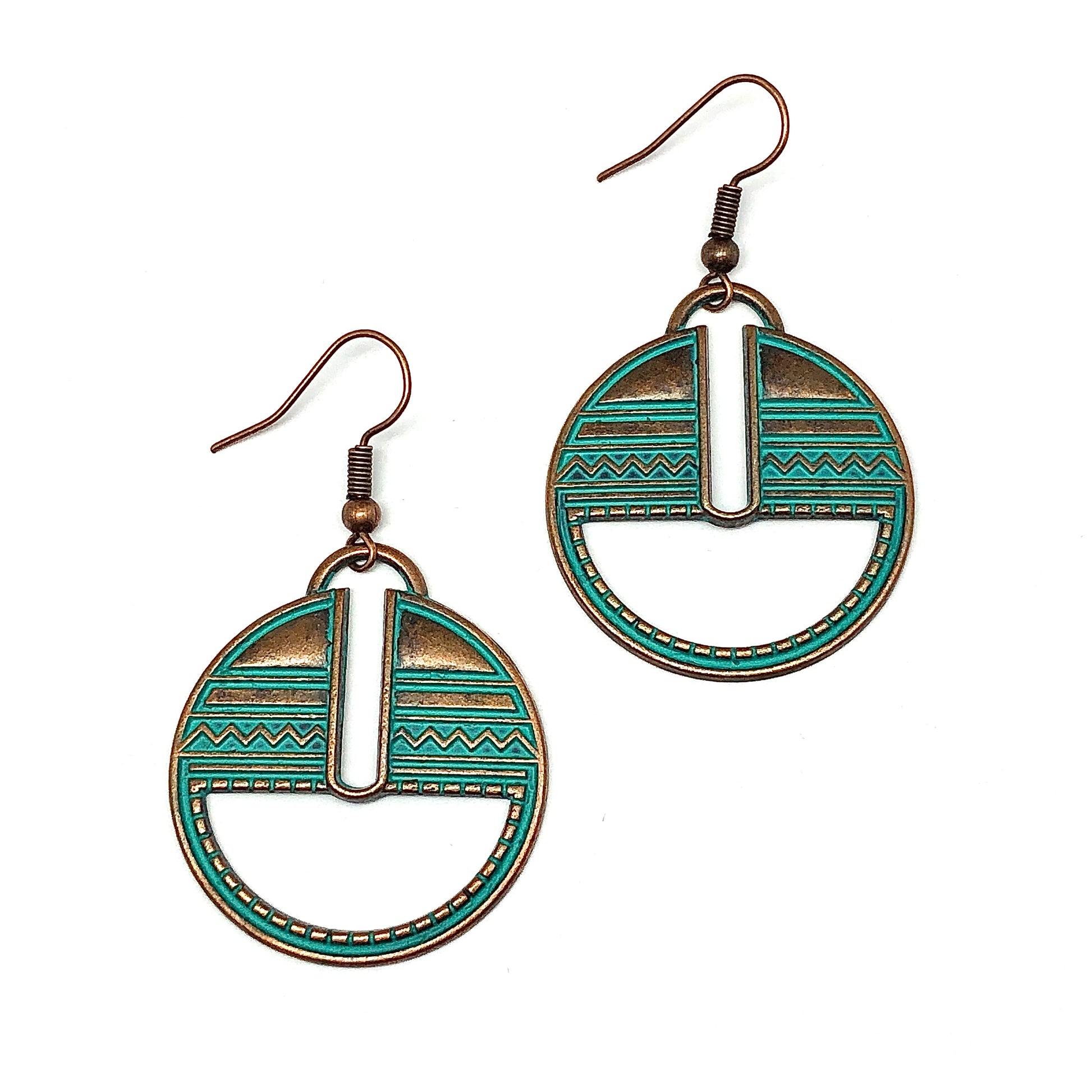 Rustic Coper Cutout Circle Design Boho Style Dangle Earrings | Boho Jewelry