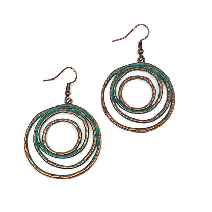 Starry Sky Moon - Antiqued Copper Tone Swirled Circle Dangle Earrings