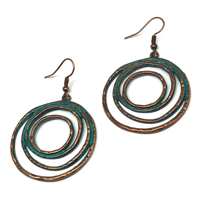 Starry Sky Moon - Antiqued Copper Tone Swirled Circle Dangle Earrings | Boho Style
