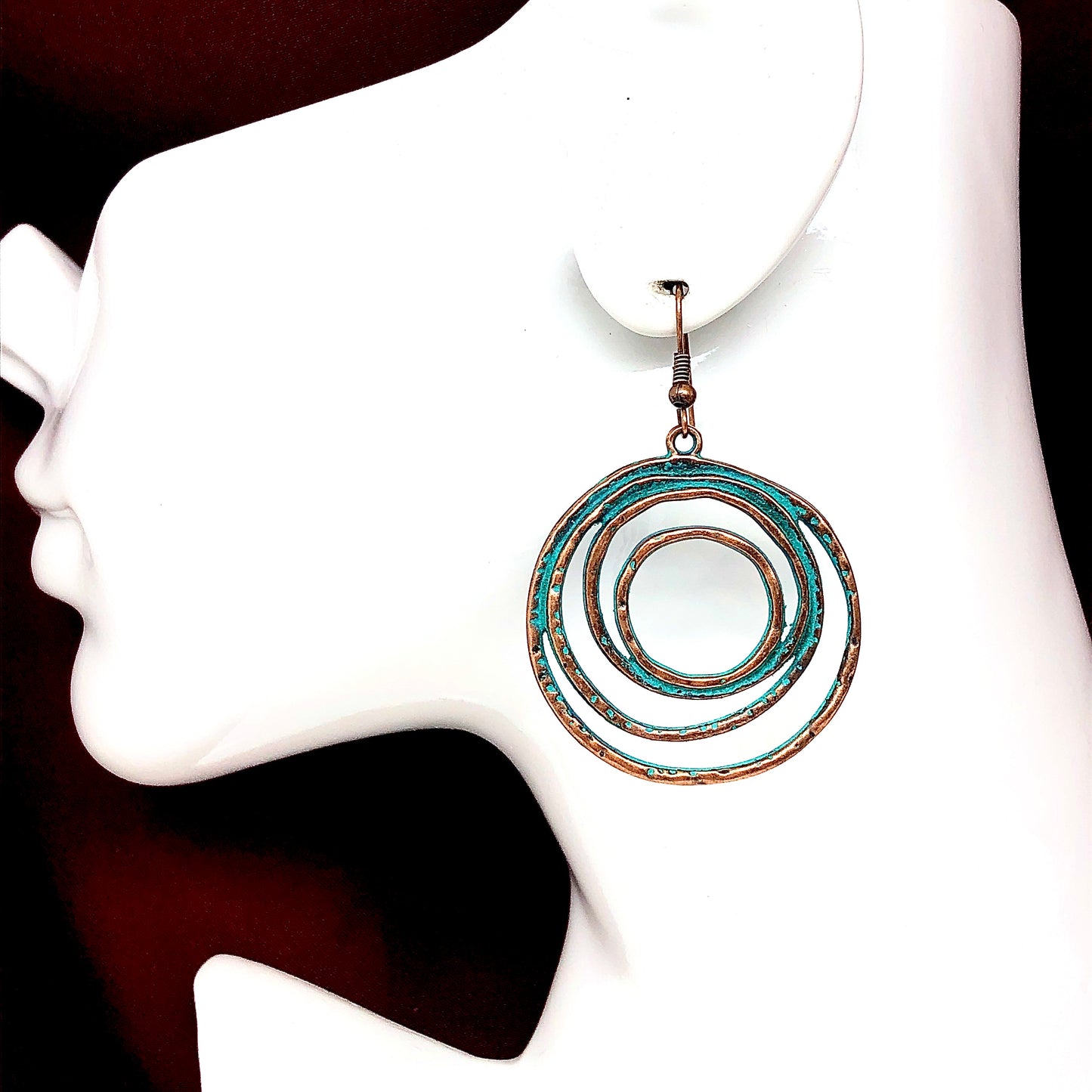 Starry Sky Moon - Antiqued Copper Tone Swirled Circle Dangle Earrings