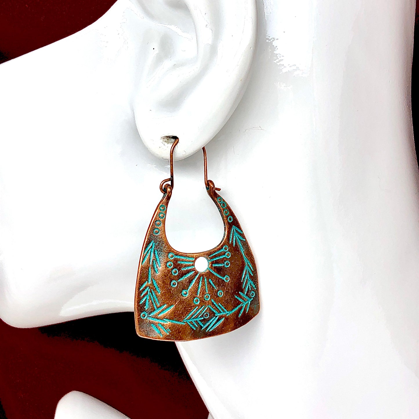 Boho Style Rustic Copper Turquoise Side Hoop Earrings | Womens Discount Fashion Jewelry online in USA