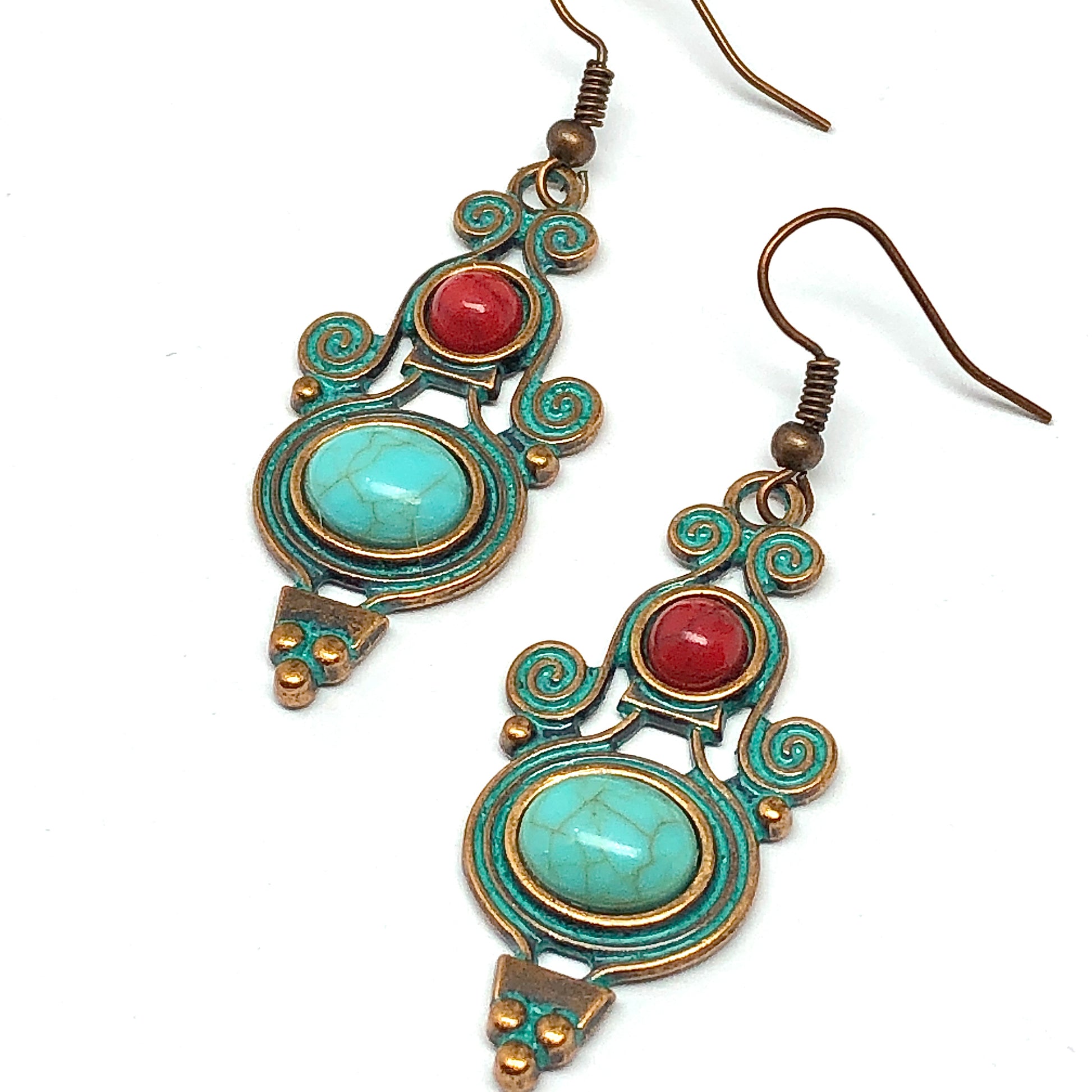 Red and Blue Romanesque Vitruvian Scroll Design Dangle Earrings | Just Posted for Womens Fashion Styles for 2024