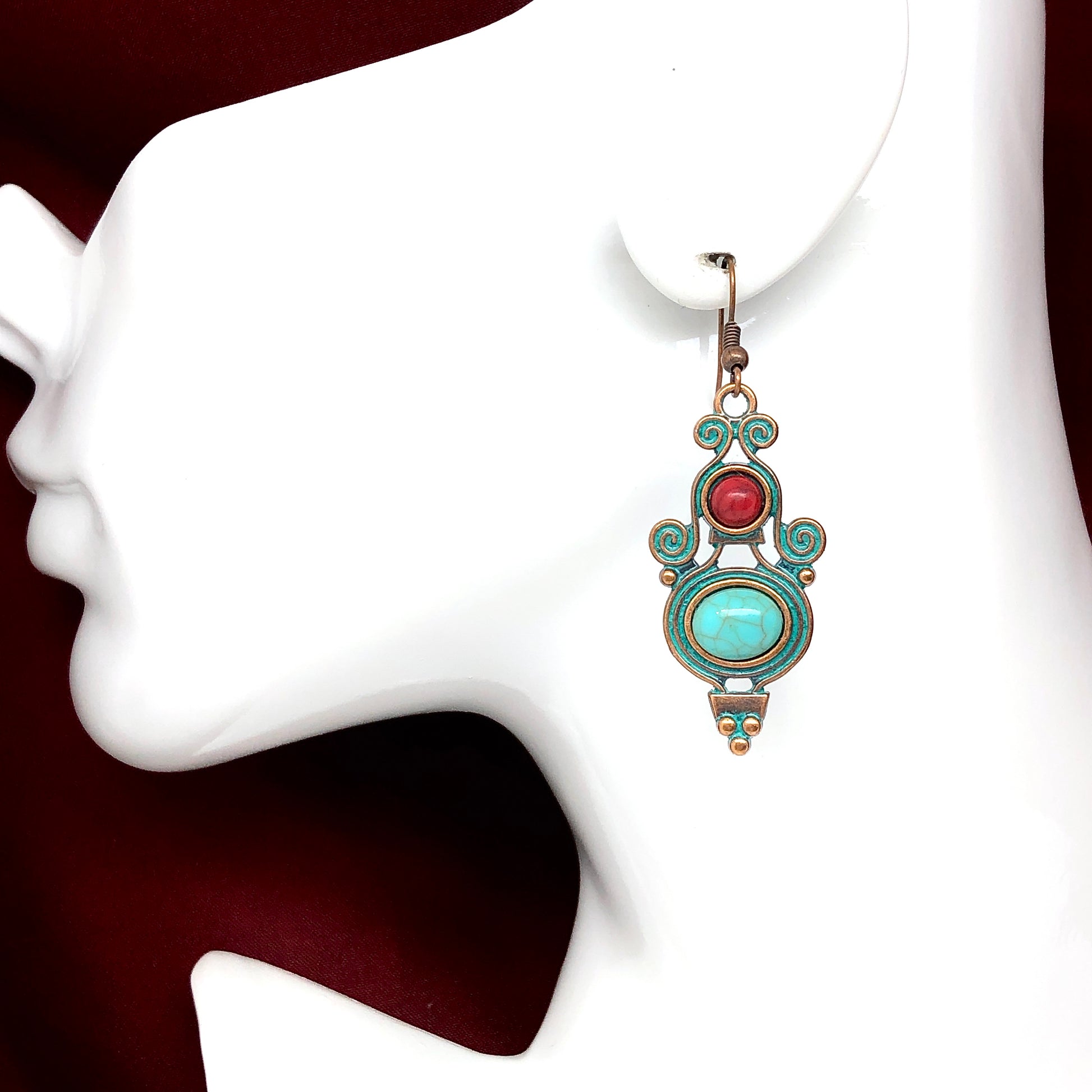 Red and Blue Romanesque Vitruvian Scroll Design Dangle Earrings | Just Posted for Womens Best Unique Fashion Styles for 2024