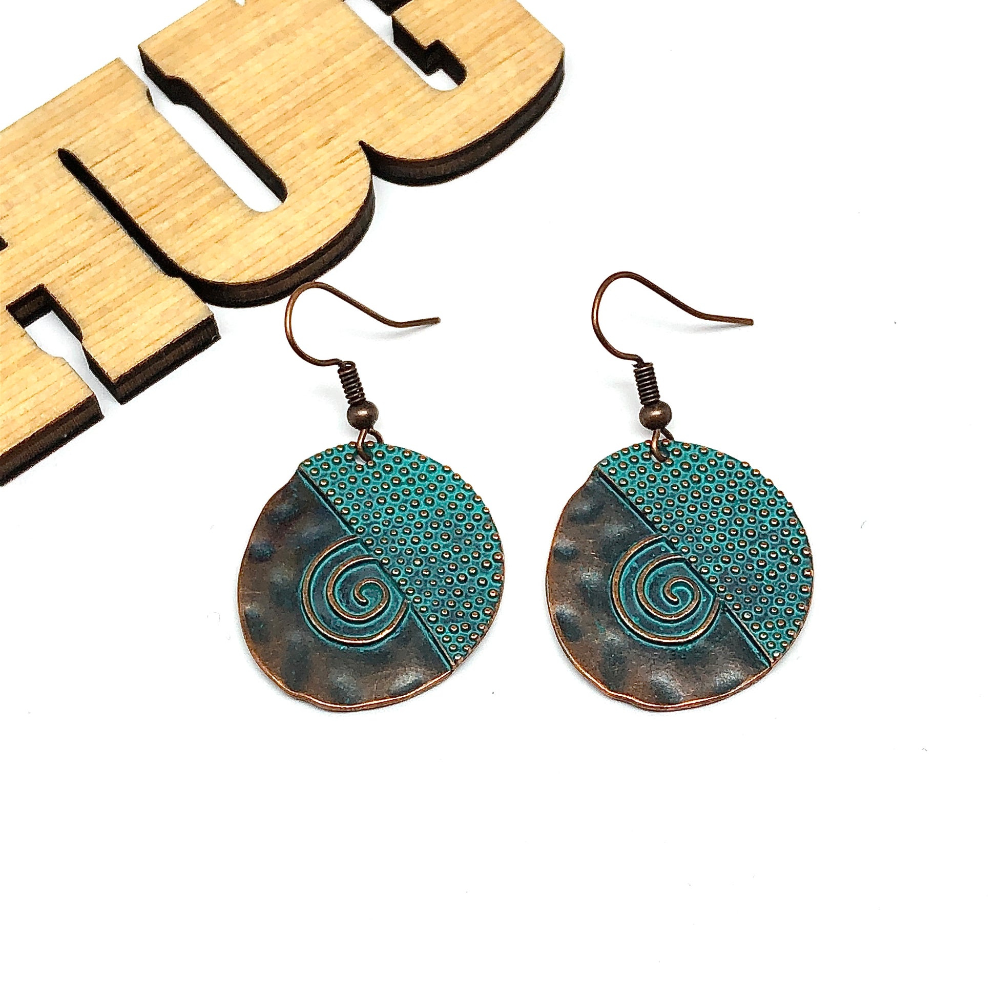 Bronze Turquoise Antiqued Hammered Spiral Design Dangle Earrings | Large Circle Drop Earrings | Springs Trend Bronze Colored Statement Earring