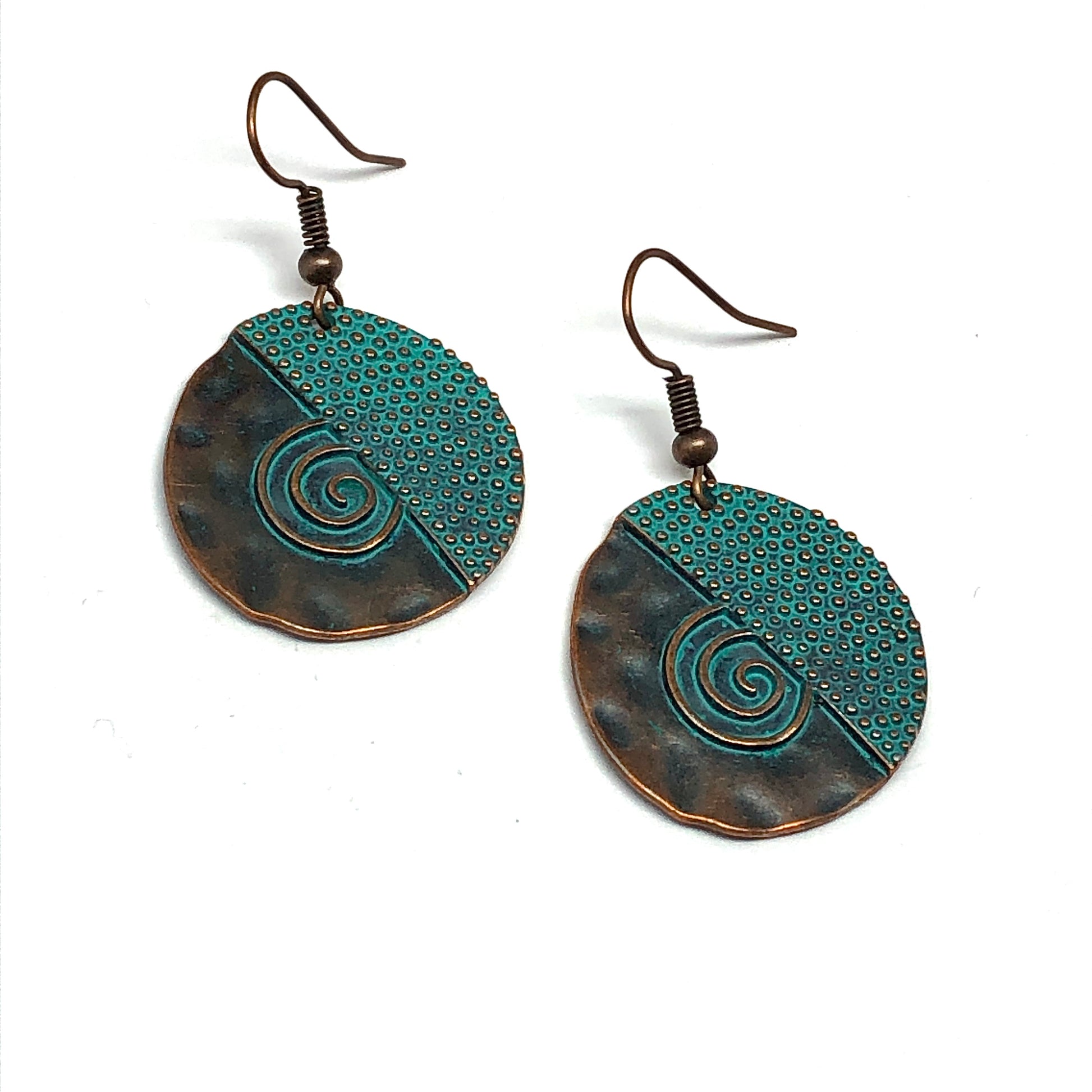 Bronze Turquoise Antiqued Hammered Spiral Design Dangle Earrings | Large Circle Drop Earrings | Springs Trend Bronze Colored Statement Earring