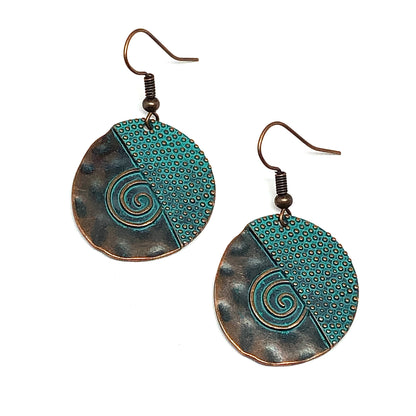 Bronze Turquoise Antiqued Hammered Spiral Design Dangle Earrings | Large Circle Drop Earrings | Springs Trend Bronze Colored Statement Earring 0286