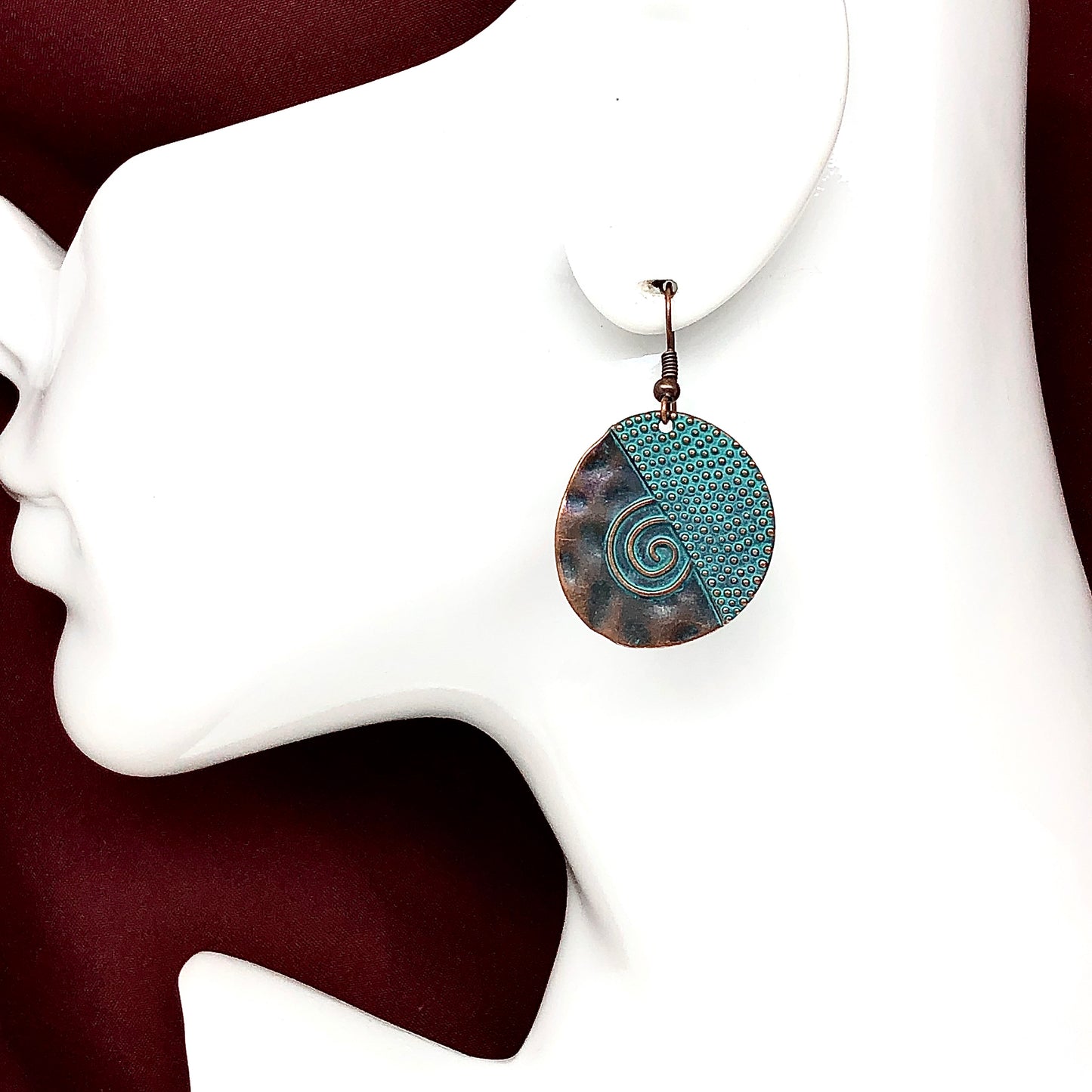 Bronze Turquoise Antiqued Hammered Spiral Design Dangle Earrings | Large Circle Drop Earrings | Springs Trend Bronze Colored Statement Earring