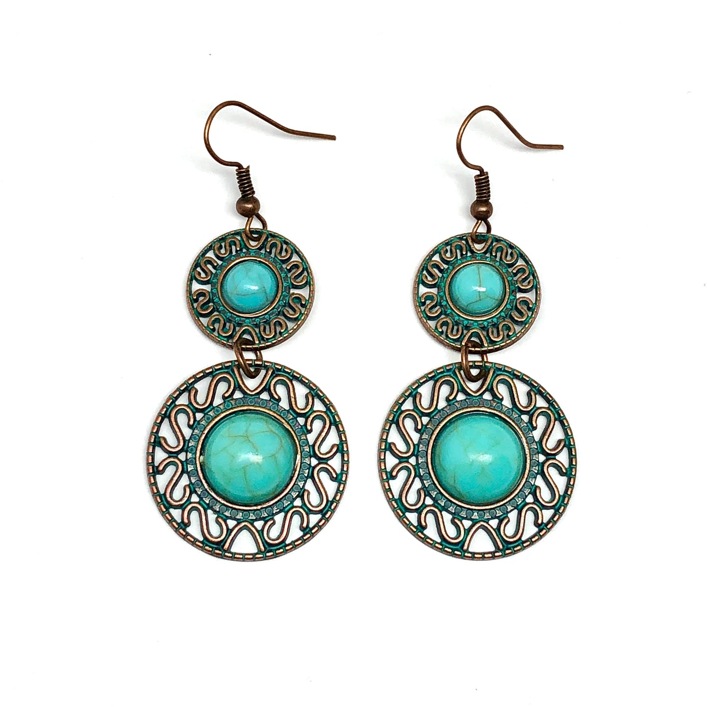 Dangling Two Tier Turquoise Filigree Circle Earrings | Boho Jewelry | Womens Coordinates