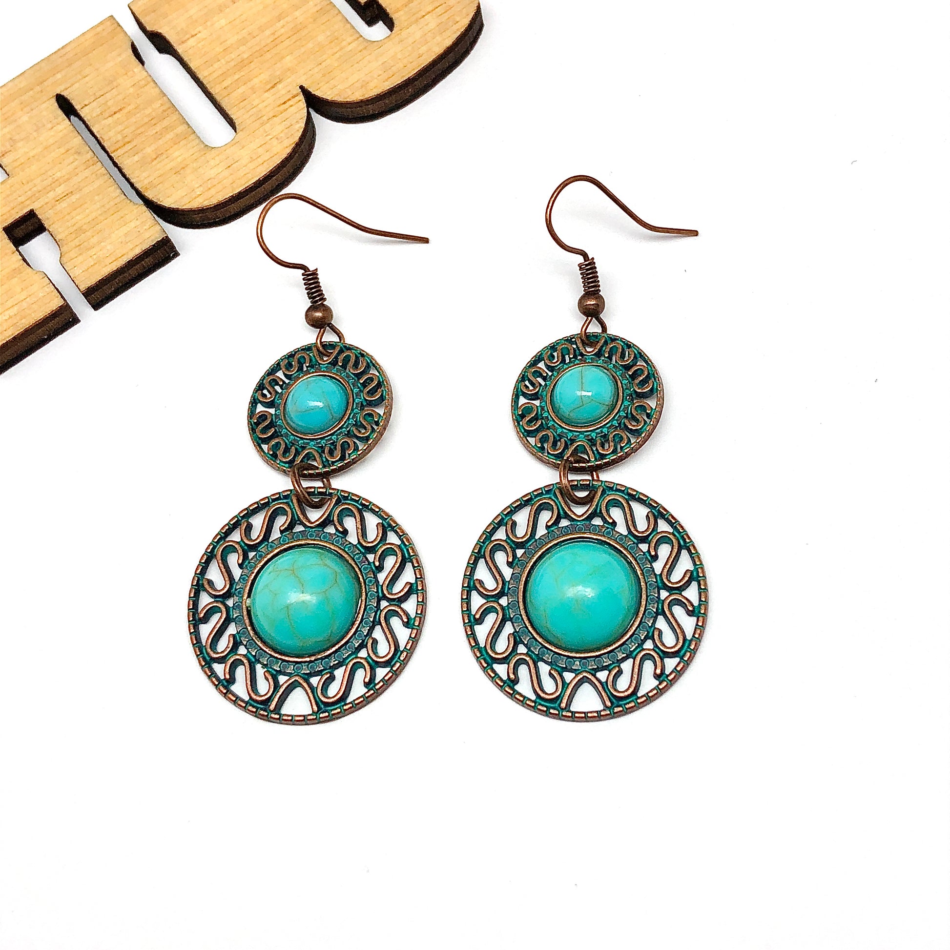 Dangling Two Tier Turquoise Filigree Circle Earrings | Boho Jewelry | Womens Coordinates