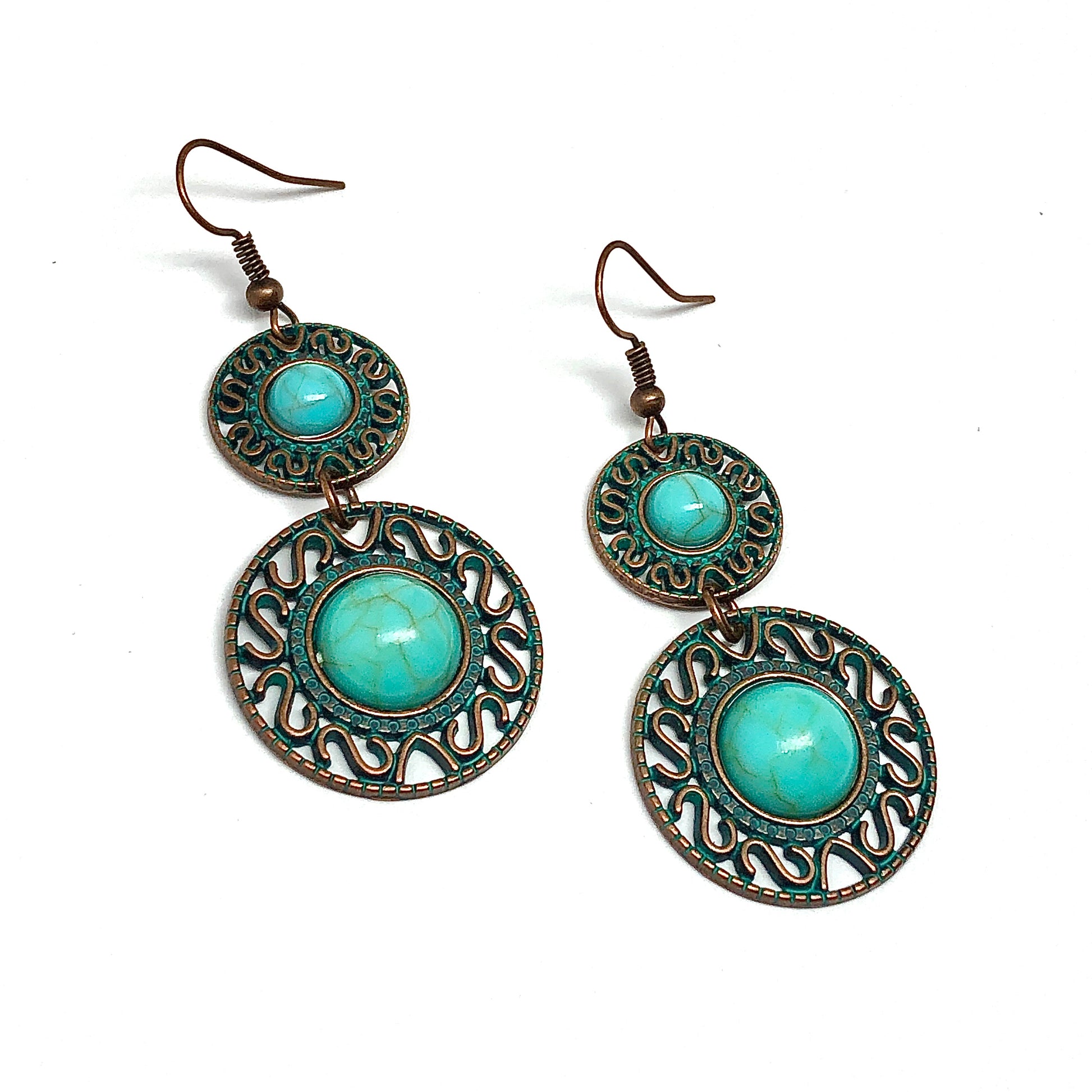 Dangling Two Tier Turquoise Filigree Circle Earrings | Boho Jewelry