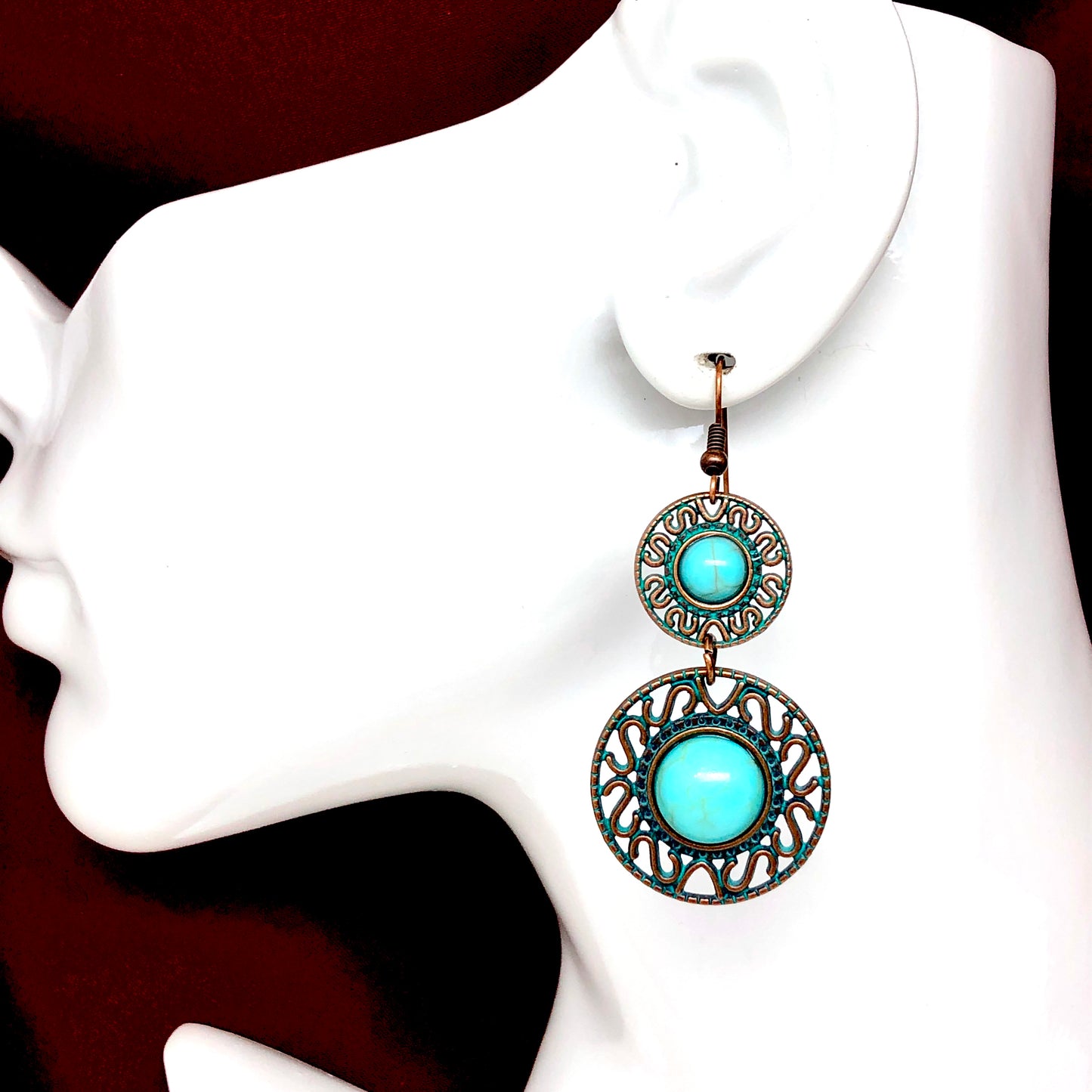 Dangling Two Tier Turquoise Filigree Circle Earrings | Boho Jewelry