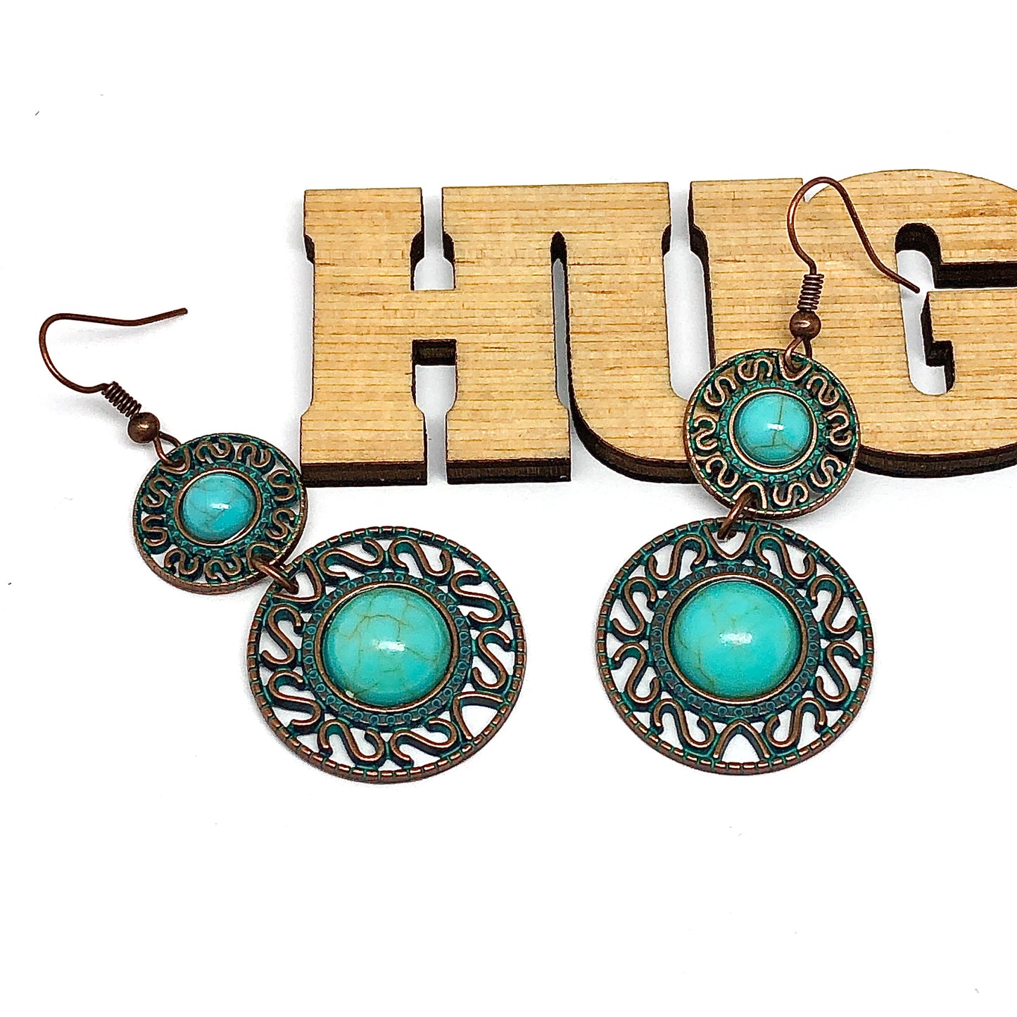 Dangling Two Tier Turquoise Filigree Circle Earrings | Boho Jewelry | Womens Coordinates