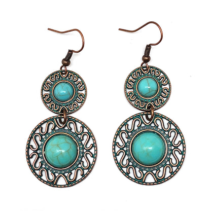 Dangling Two Tier Turquoise Filigree Circle Earrings | Boho Jewelry