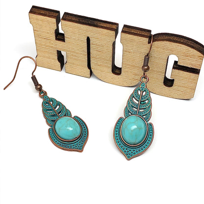 Dangle Earrings | Womens Rustic Etruscan Antiqued Copper Turquoise Fern Leaf Teardrop Earrings